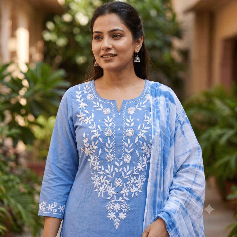 Sky Blue Chikankari Hand-Embroidered 3-Piece Kurta Set with Tie-Dye Dupatta
