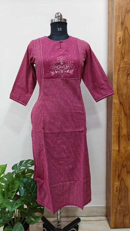 Anvita brand Plum Striped Kurti with Floral Yoke Embroidery