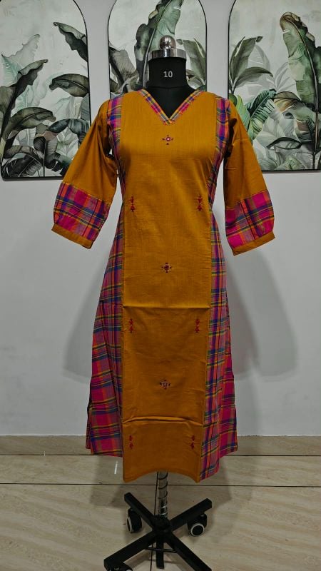 Mustard Yellow A-Line Kurti with Madras Checks Detailing