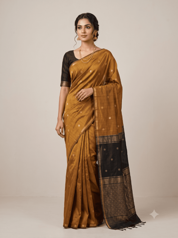 Semi Maheshwari Cotton Saree – Mustard Gold & Black