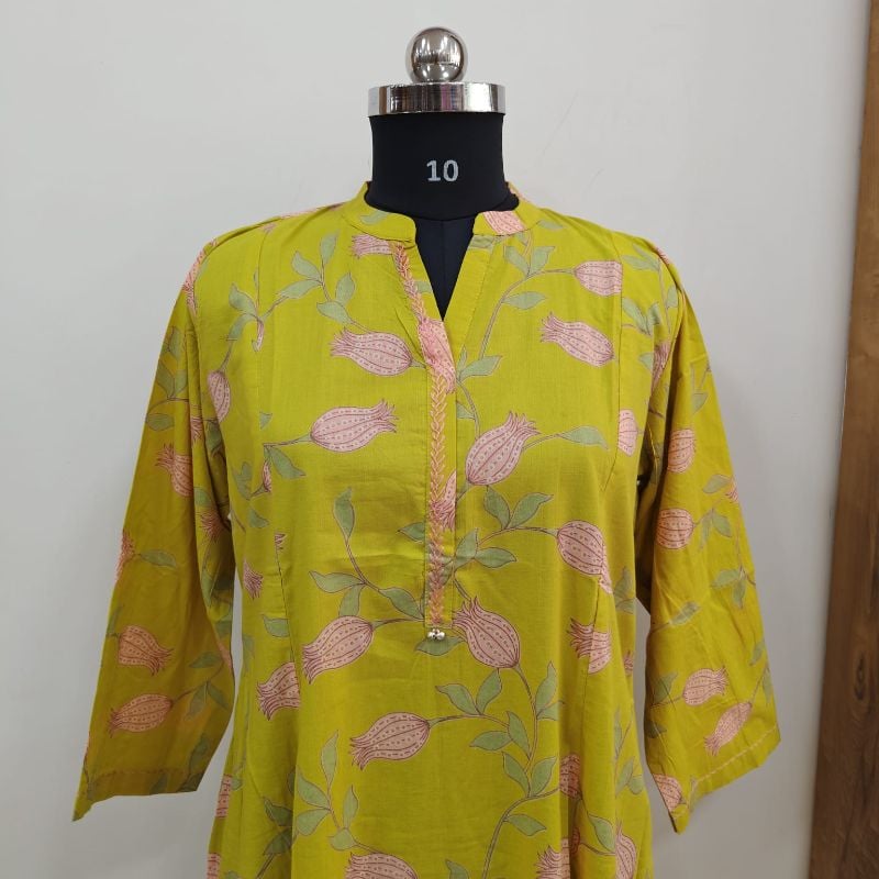 Anvita Lime Green Tulip Print Cotton Kurti