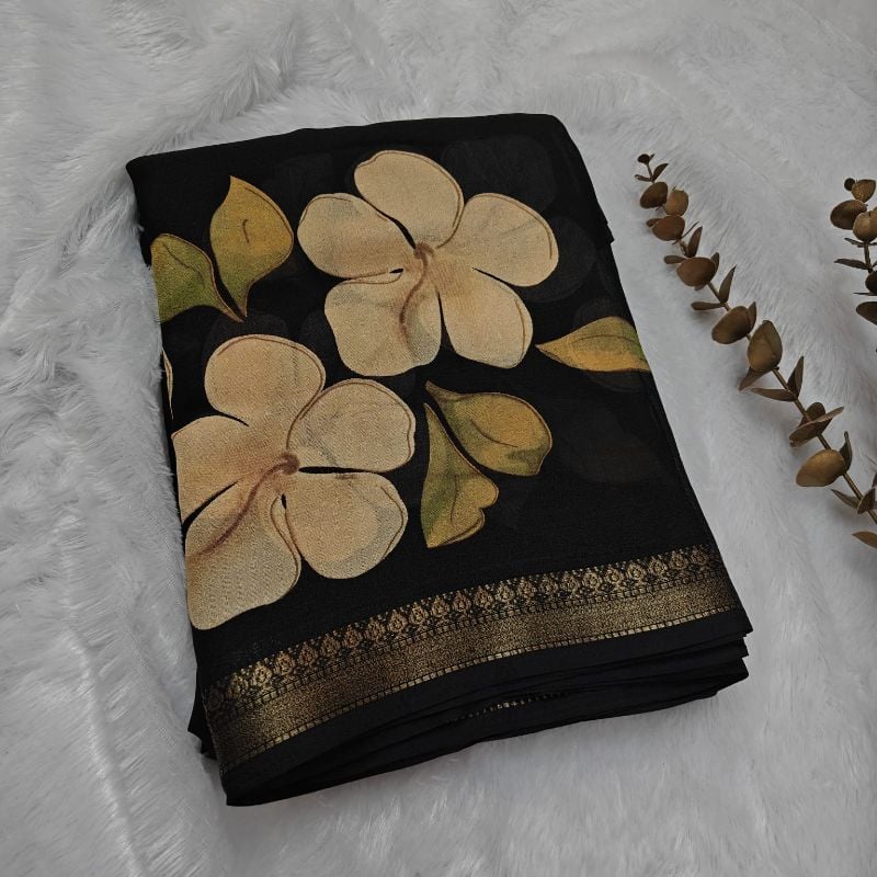Classic black Floral Chiffon Saree with Zari Border