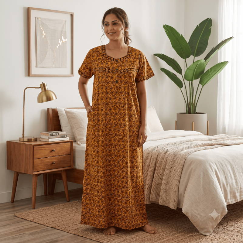 Vibrant Mustard Yellow Ethnic Floral Printed Cotton Nighty.