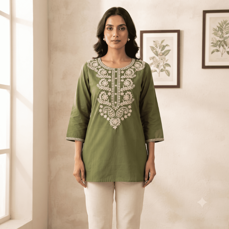 Olive Green Floral Kashmiri Embroidery Short Kurti