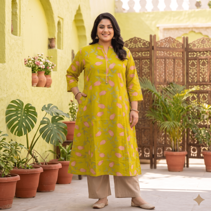 Anvita Lime Green Tulip Print Cotton Kurti