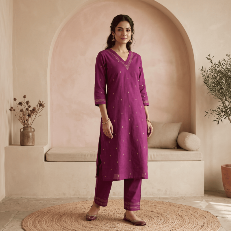 Anvita Magenta Motif Print & Embroidered Kurta Set