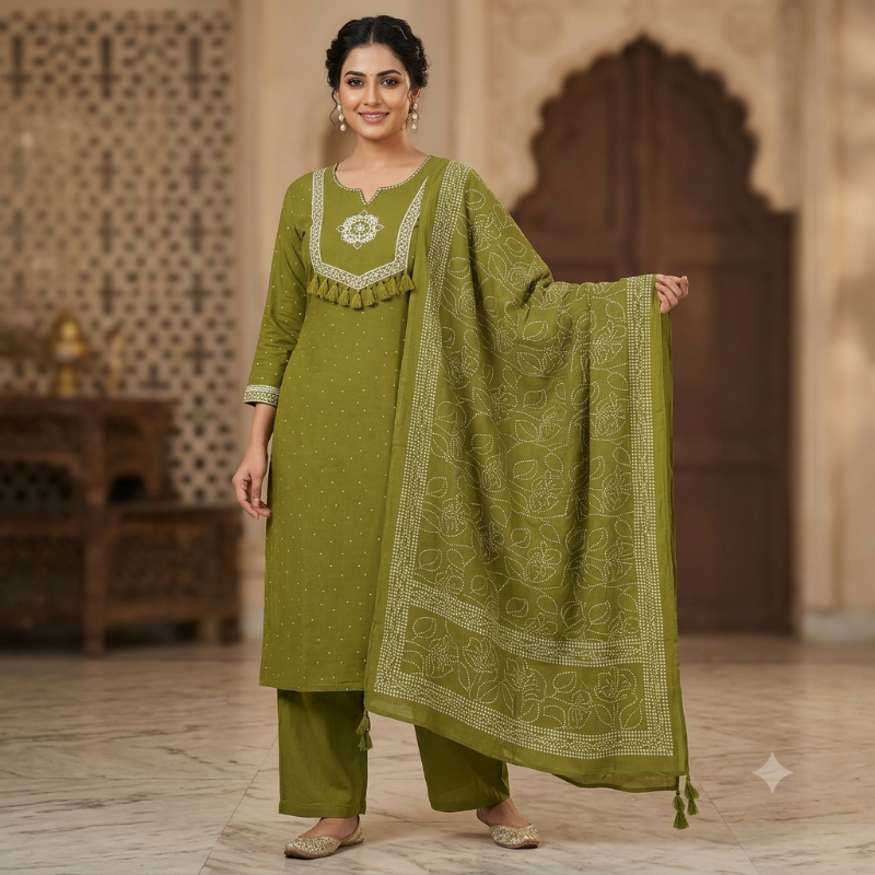 Olive Green Bandhani Print 3-Piece Kurta Set