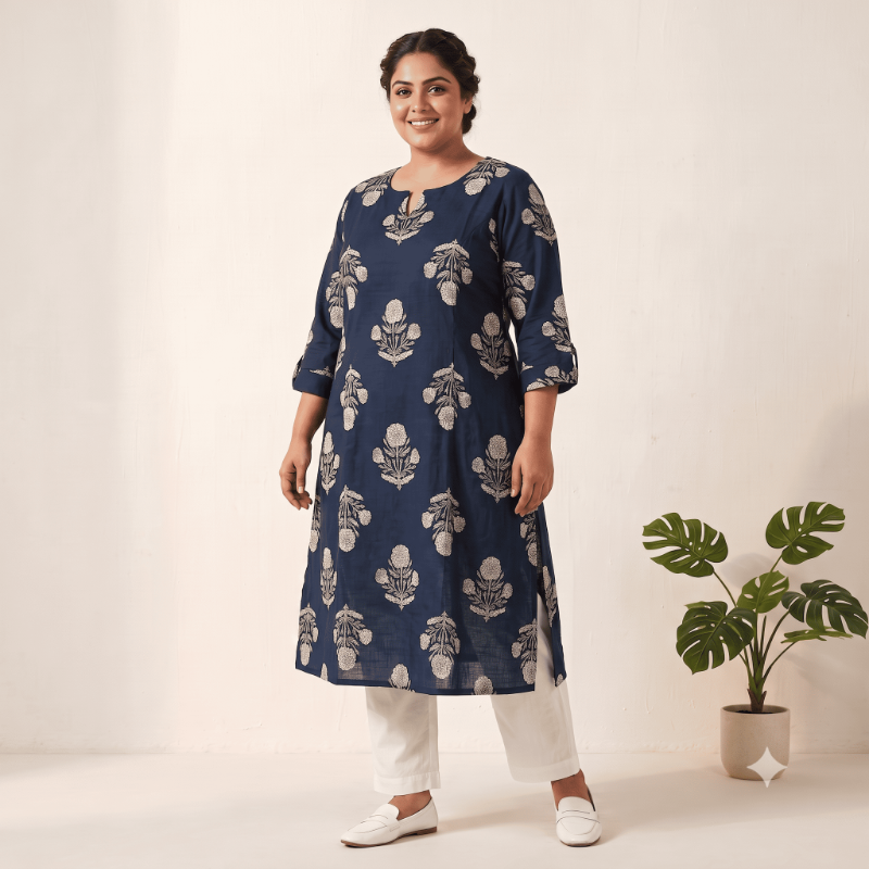 Anvita Royal Blue Floral Block Print Slub Cotton Kurti