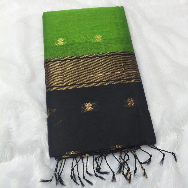 Semi Maheshwari Cotton Saree – Green & Balck