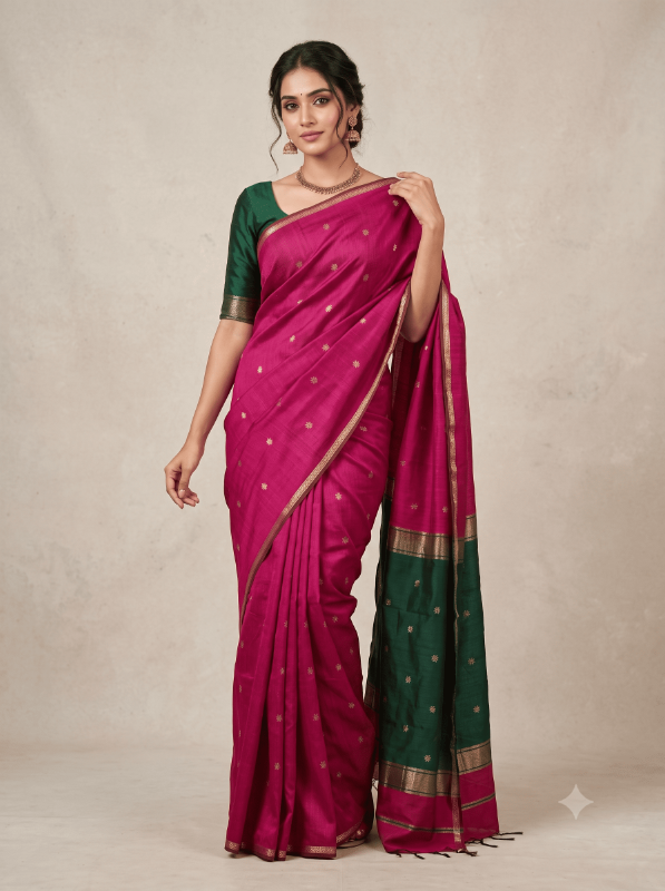 Semi Maheshwari Cotton Saree – Magenta Pink & Bottle Green