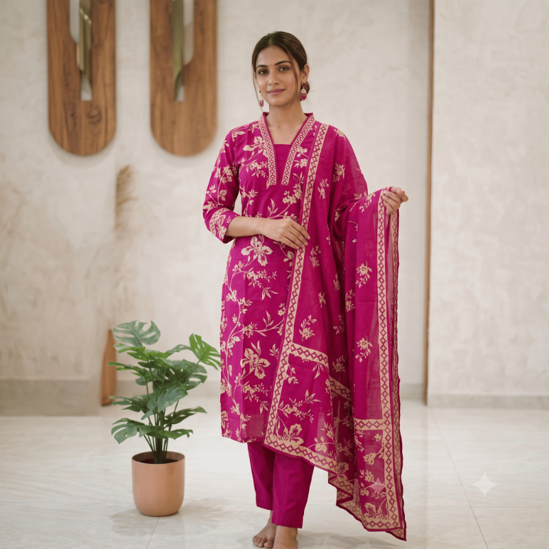 Magenta floral ethnic suit set