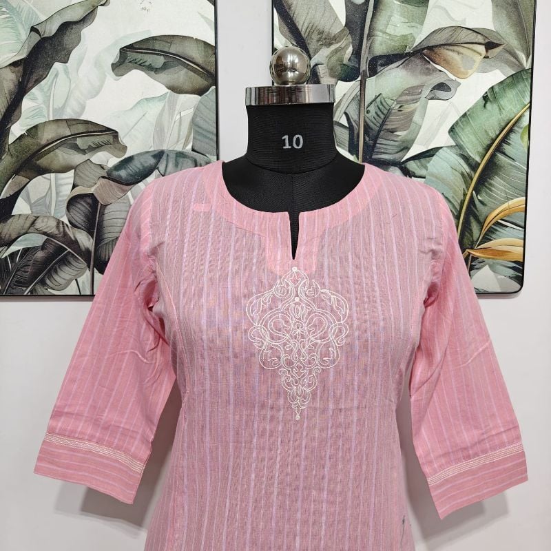 Anvita Pastel Pink Striped Embroidered Kurta