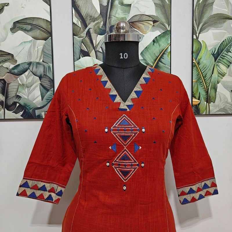 Anvita Rust Red Geometric V-Neck Embroidered Kurta