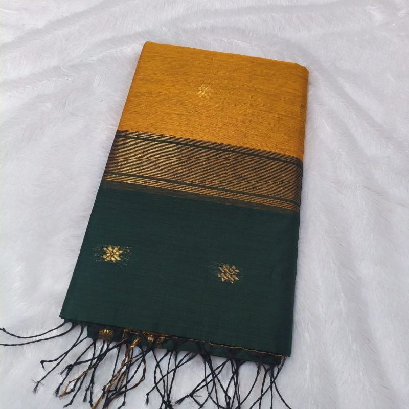Semi Maheshwari Cotton Saree –Mustard Yellow & Bottle Green