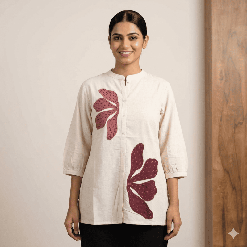 Cream base with deep maroon Short Kurti