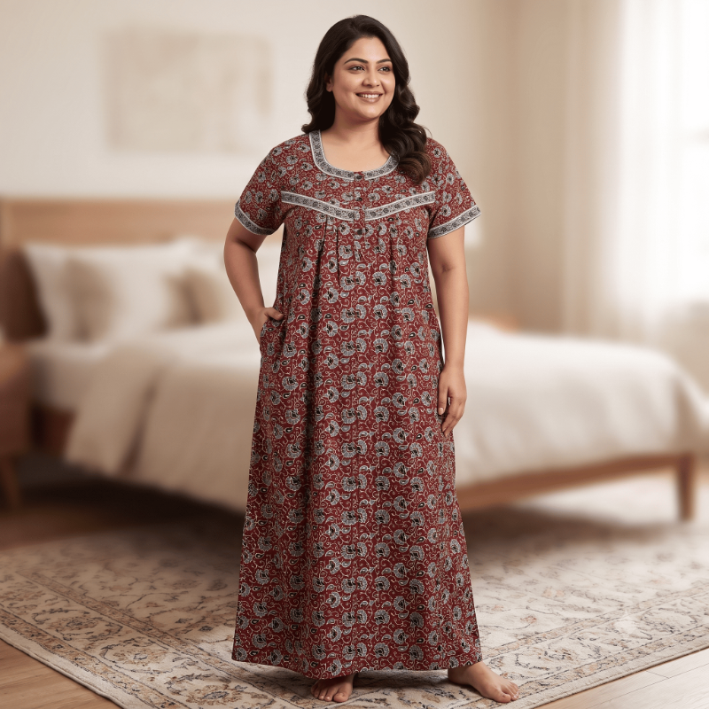 Maroon & Powder Blue Kalamkari Print Cotton Nighty
