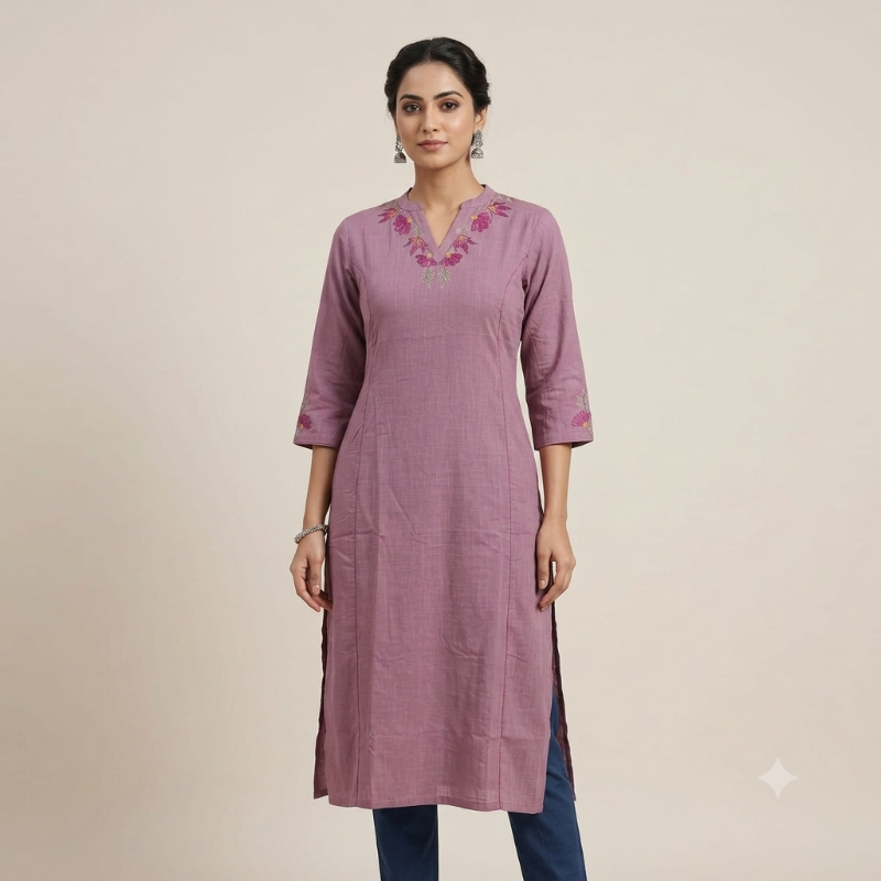 Anvita Mauve Cotton Kurti with Floral Embroidery
