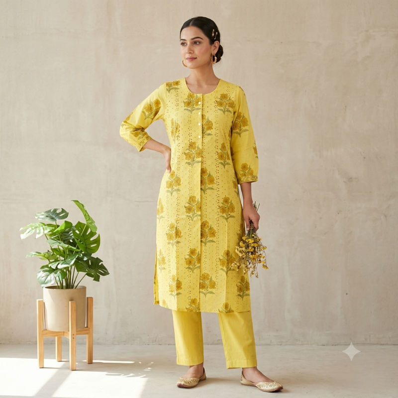 Sunshine Yellow Floral 2-Piece Kurta Set (Chikankari-inspired)