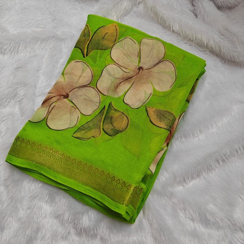 Lime green Floral Chiffon Saree with Zari Border