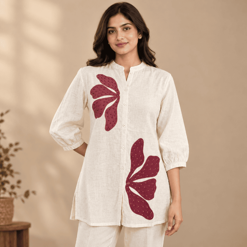 Cream base with deep maroon Short Kurti