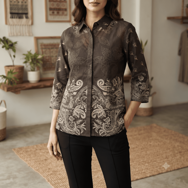 Elegance Dark Brown Paisley Crepe Top