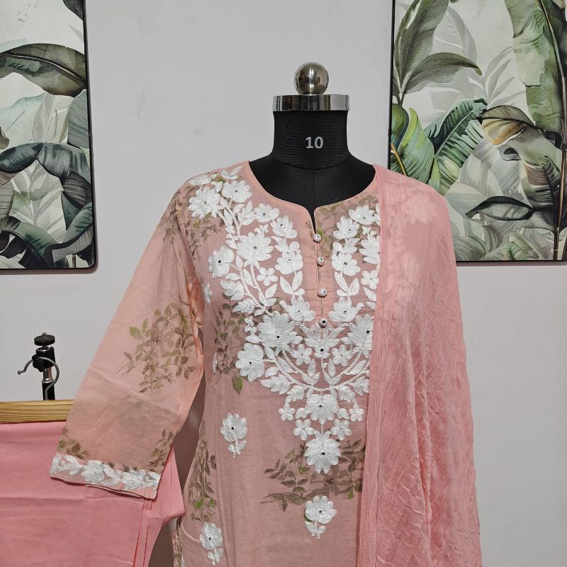 Peach Floral & Chikankari Embroidered 3-Piece Kurta Set