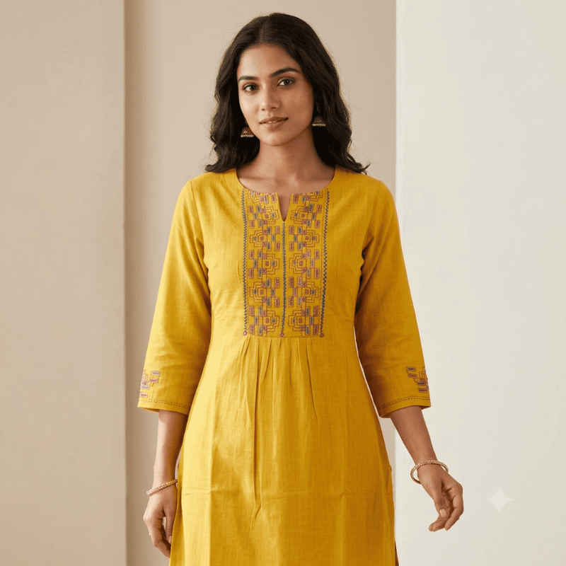 Anvita Mustard Yellow Kantha Thread Embroidered Kurta