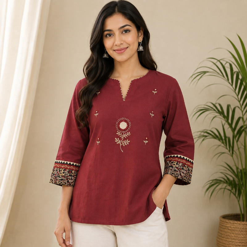 Maroon Embroidered Short Kurti