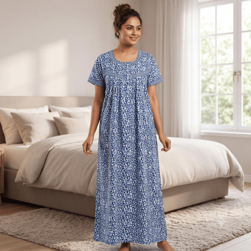 Indigo Blue & White Kalamkari/Batik Print Cotton Nighty