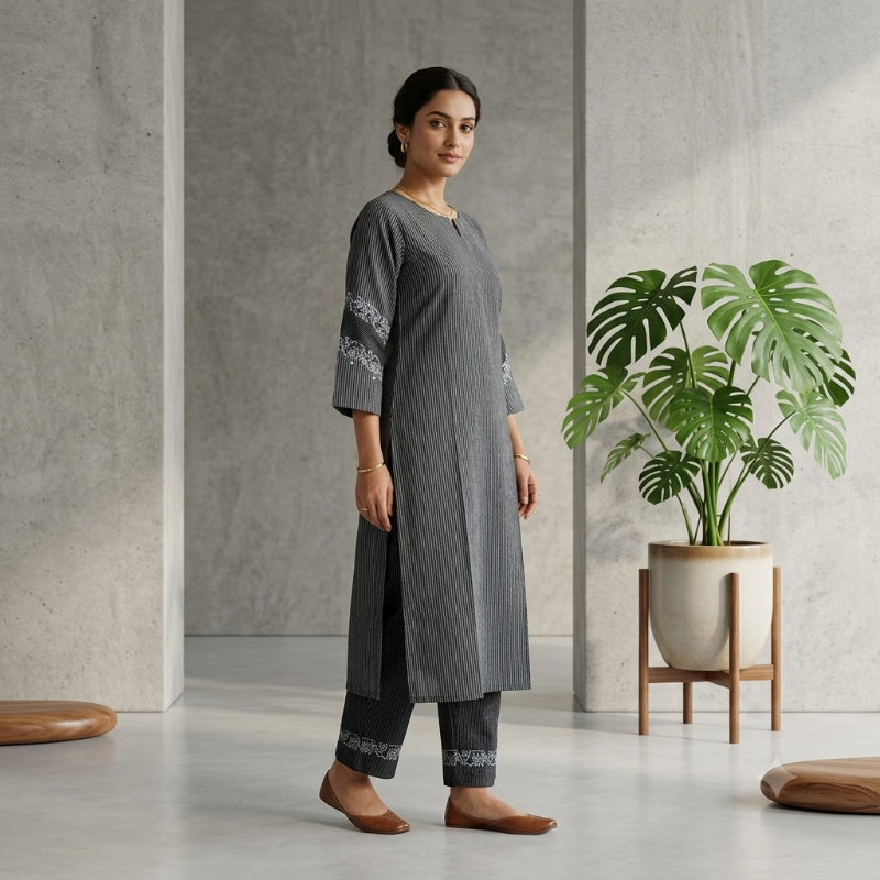 Anvita Charcoal Striped Embroidered 2-Piece Kurta Set