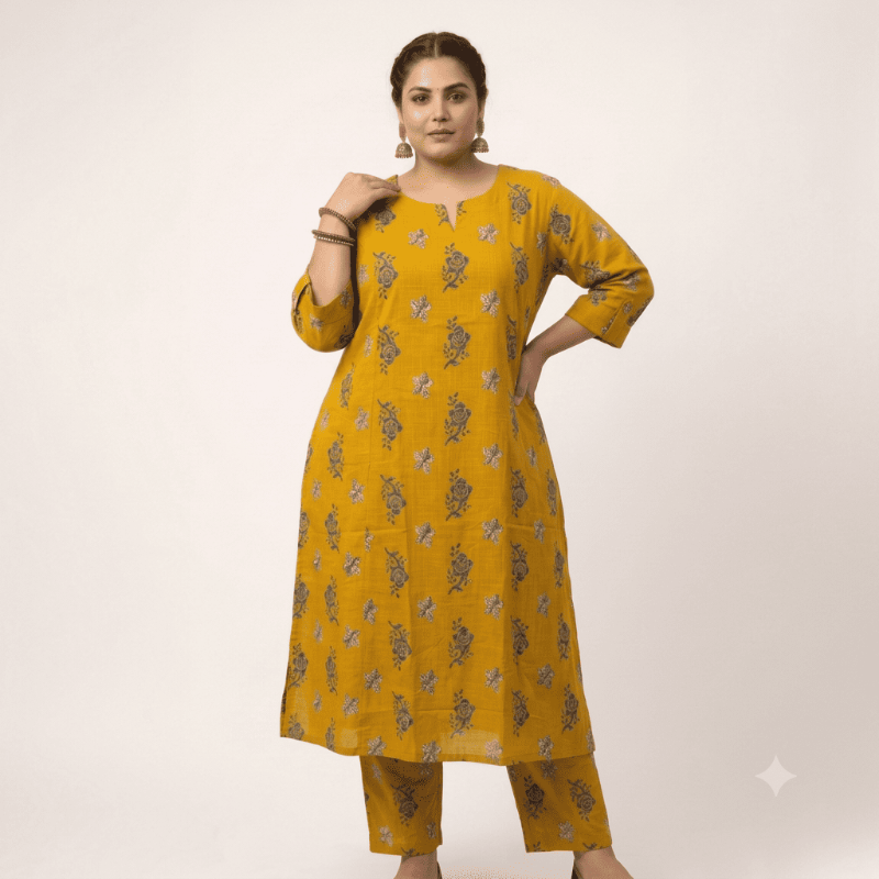 Anvita Mustard Yellow Rose Motif Slub Cotton Kurti