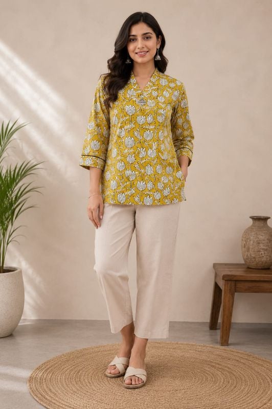 Anvita Mustard Yellow Block-Printed Short Kurti