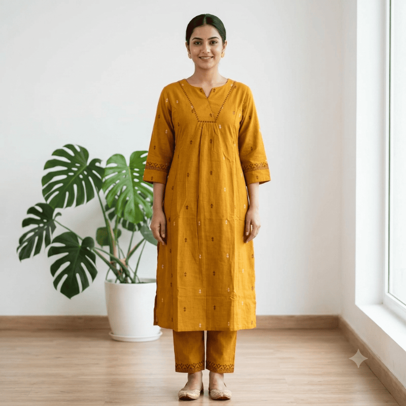 Anvita Mustard Yellow Embroidered Kurta & Pant Set (2-Piece)