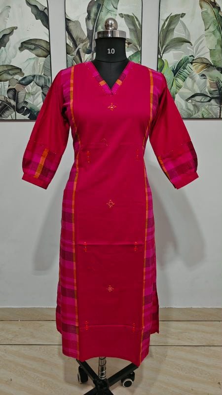 Magenta Pink A-Line Kurti with Madras Checks Detailing