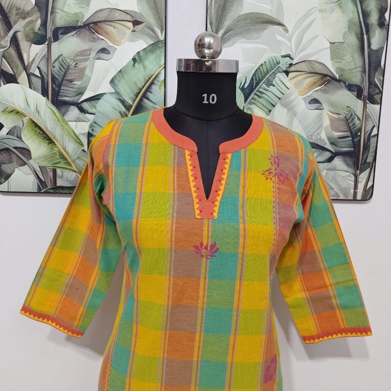 Vibrant Multi-Color Checked Cotton Straight Kurta