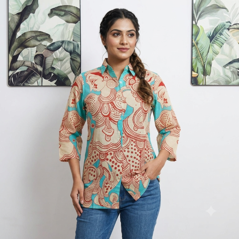 Artistic Kalamkari Print Turquoise Crepe Top