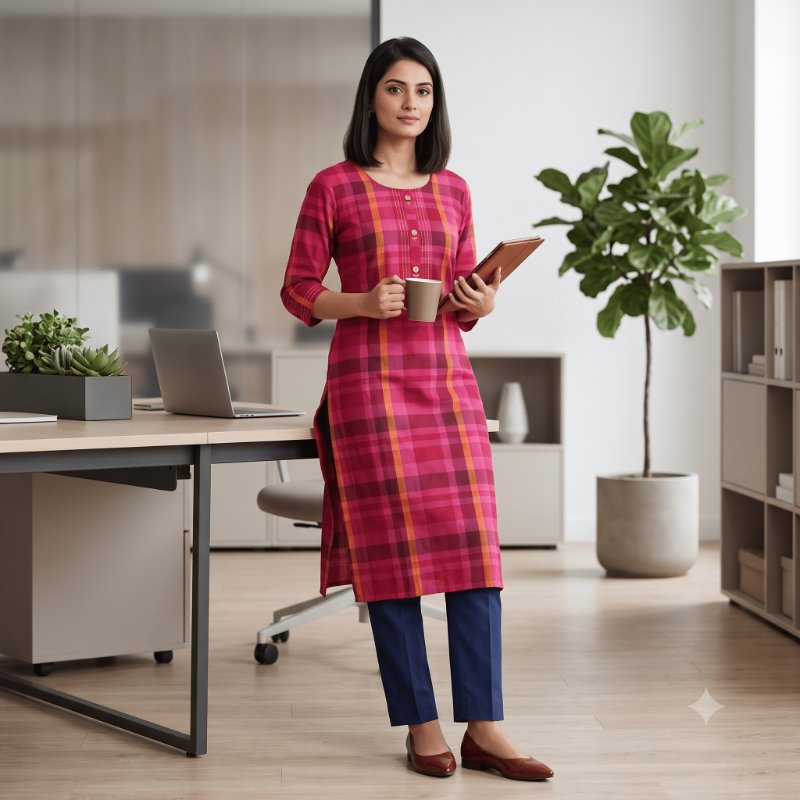Vibrant Pink Madras Checks Pure Cotton Kurti