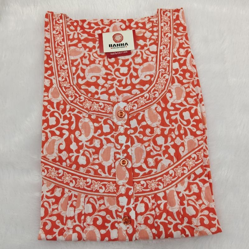 Peach-Coral & White Batik Print Cotton Nighty
