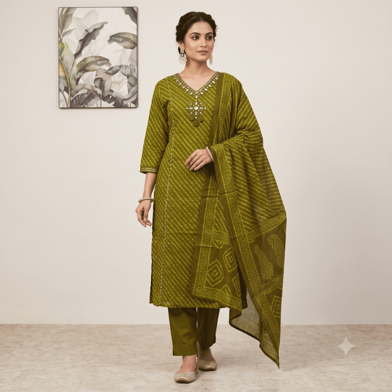 Earthy Green Leheriya Print 3-Piece Kurta Set with Mirror Work Neckline