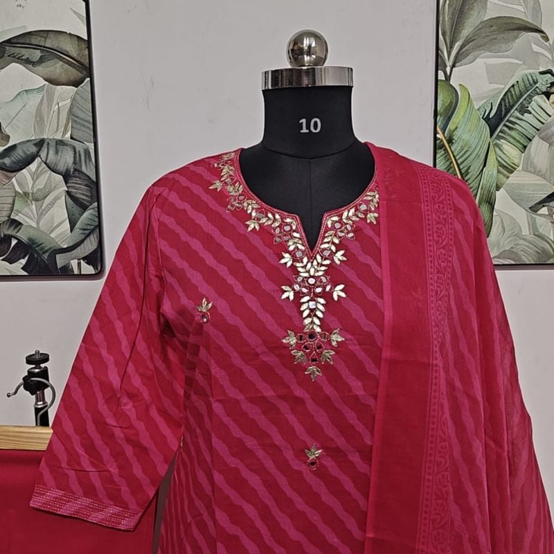 Vibrant Magenta Leheriya Kurta Set with Gota Patti Embroidery