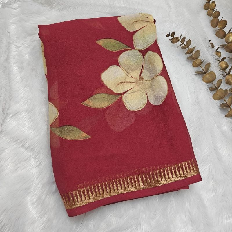 Elegant Crimson Red Floral Chiffon Saree with Zari Border