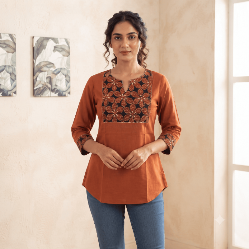 Rust-Orange Floral Yoke Cotton-Blend Short Top