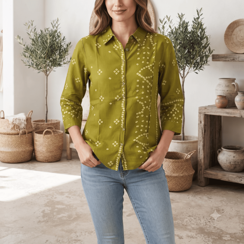 Green Bandhani-Print Crepe Top