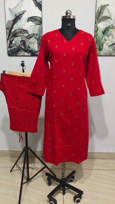 Vibrant Red 2-Piece Kurta & Trousers Set (pluse size collections)