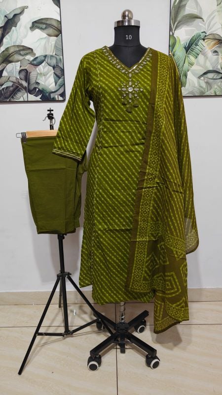Earthy Green Leheriya Print 3-Piece Kurta Set with Mirror Work Neckline