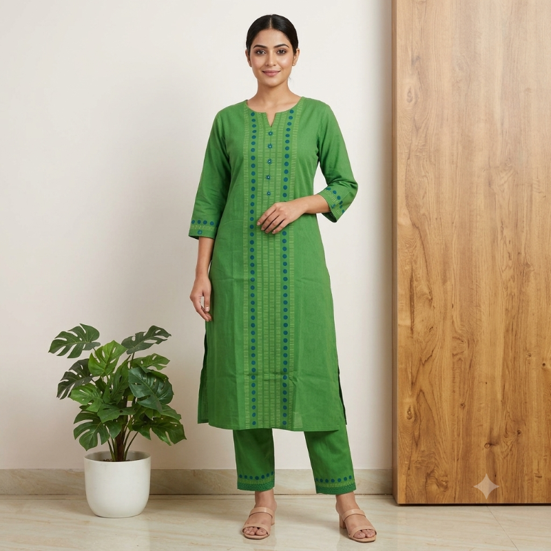 **Anvita brand Leaf Green Cotton 2-Piece Kurta Set**