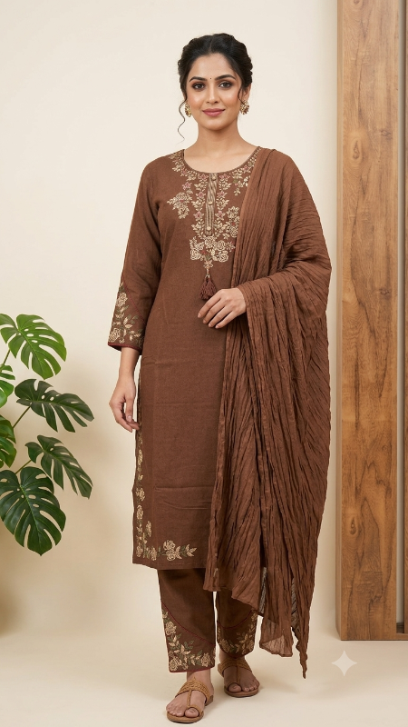 Brown Handloom Cotton Embroidered Suit Set