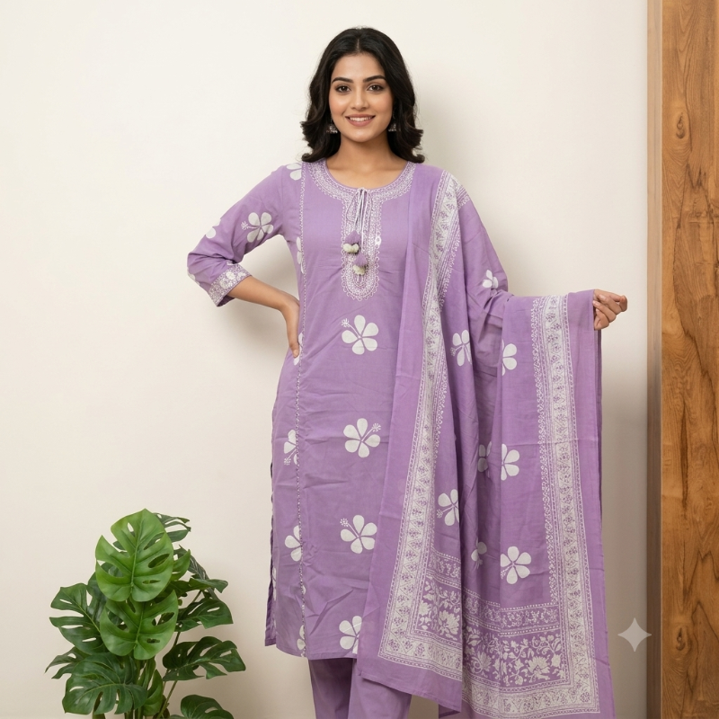Summer Fresh in Lavender: Hibiscus Print & Embroidered 3-Piece Suit Set