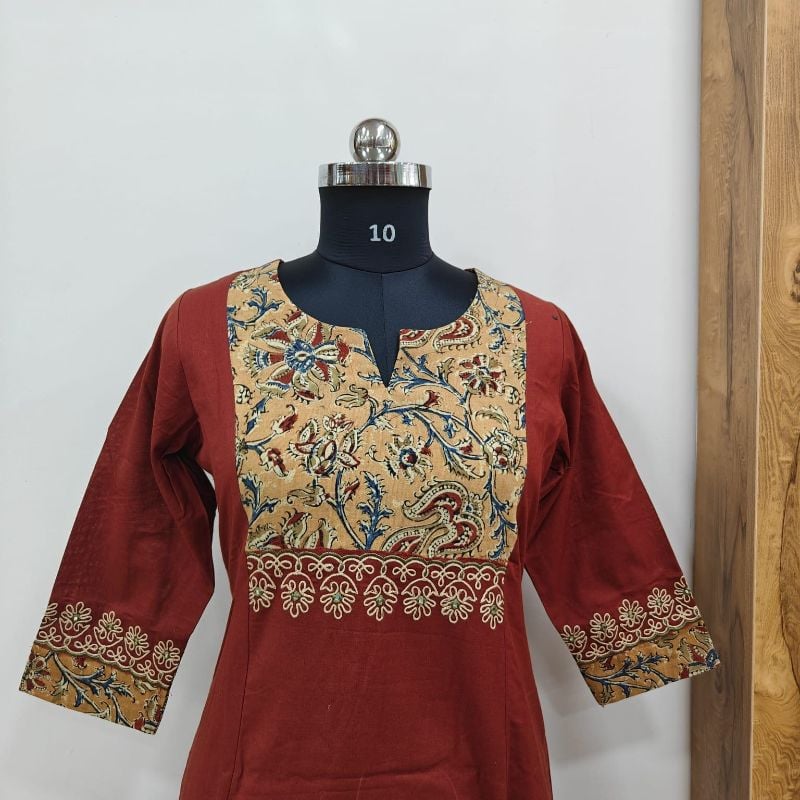 Anvita brand Rust Red Kalamkari Yoke Kurti