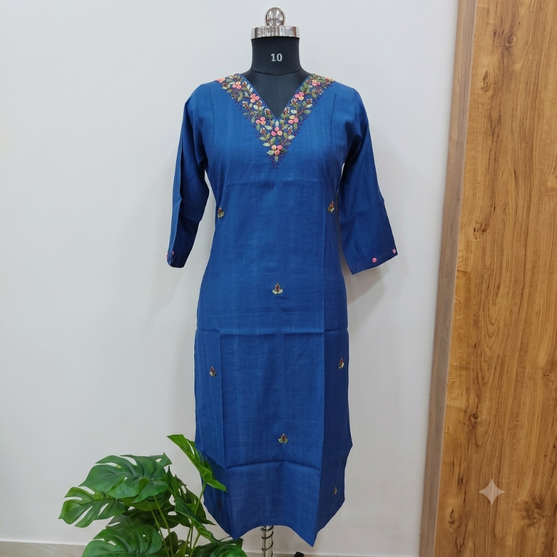 blue Floral Embroidered Kurta